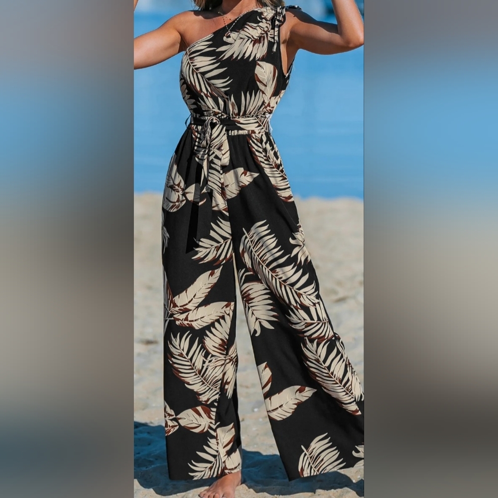 Cupshe Midnight Tropics One-Shoulder Wide Leg Jumpsuit, Medium
